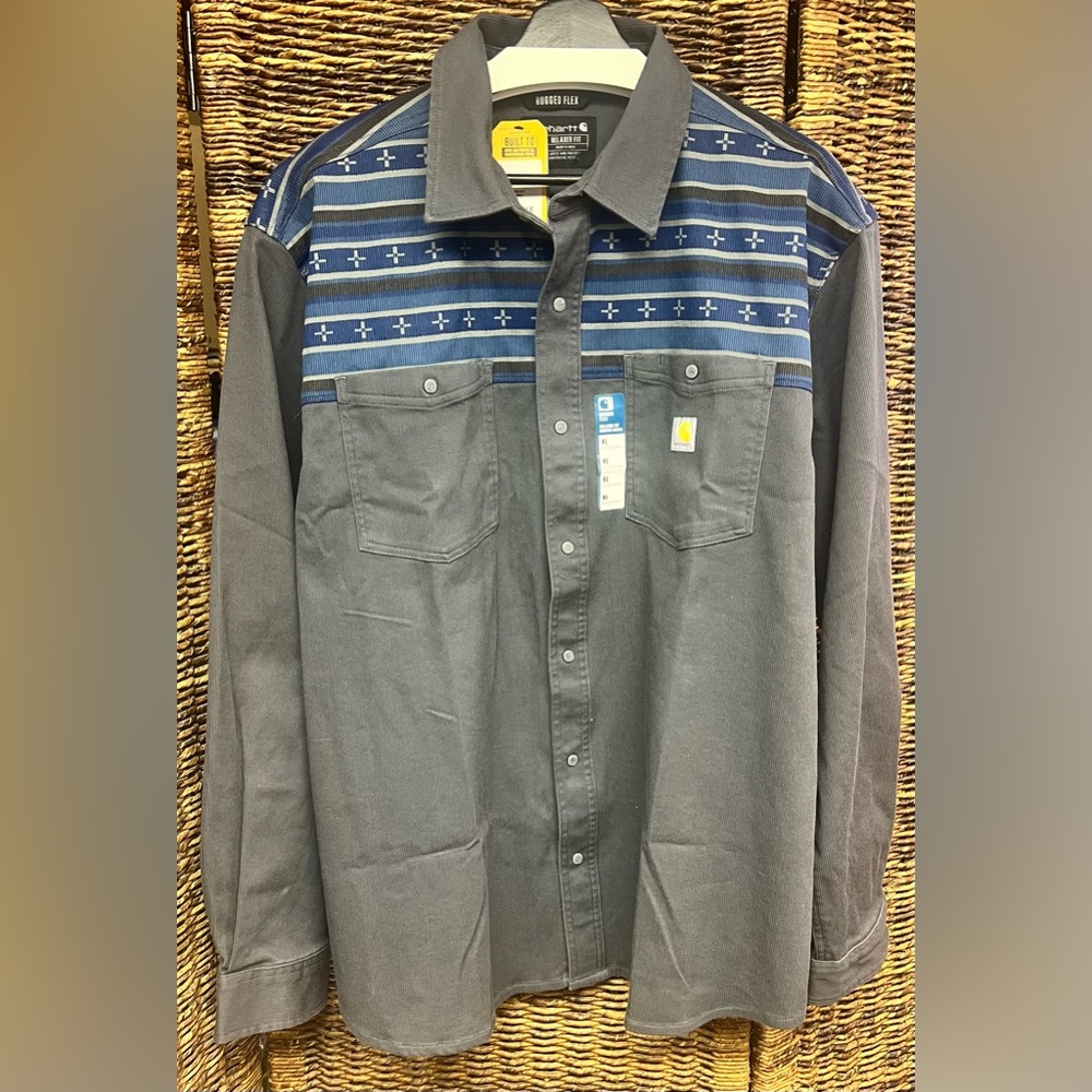 Carhartt Men’s Gray Button-Down Shirt with Blue Patterned - Rugged Fit- XL, NWT